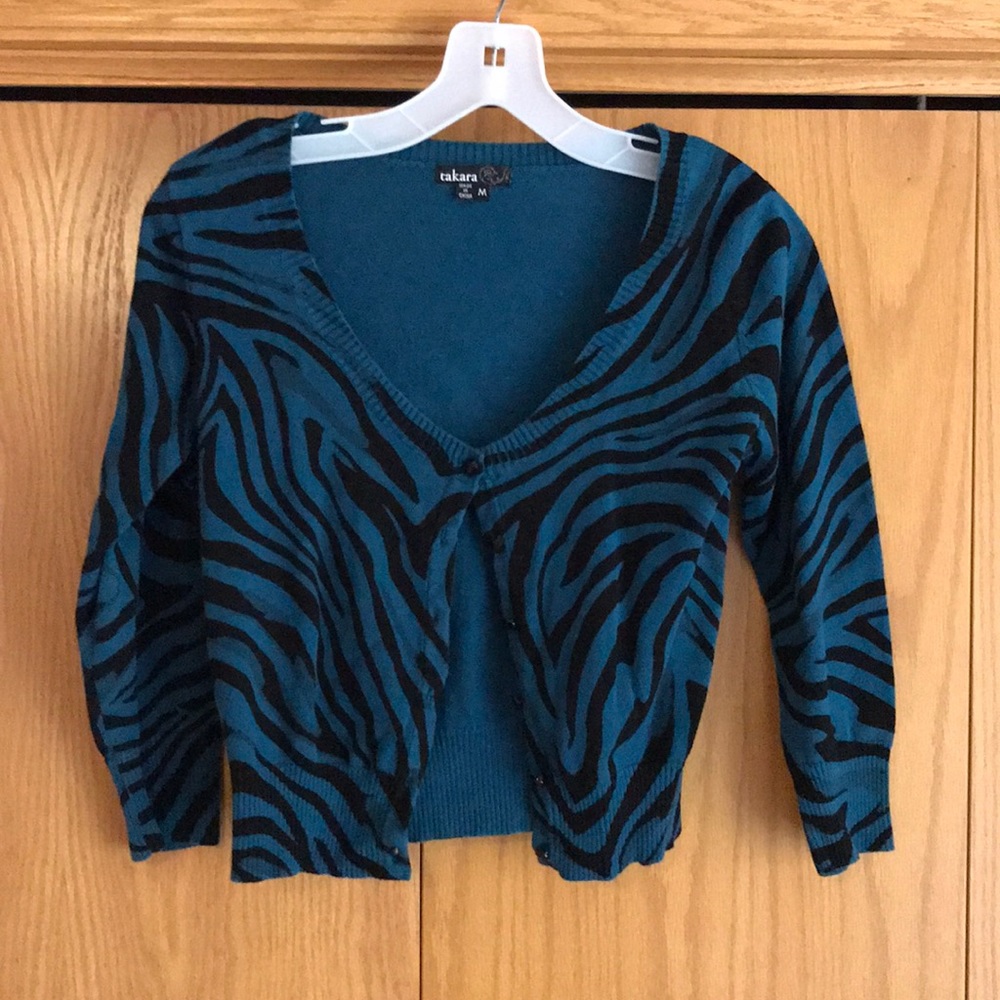 Blue Animal Print Cropped Cardigan